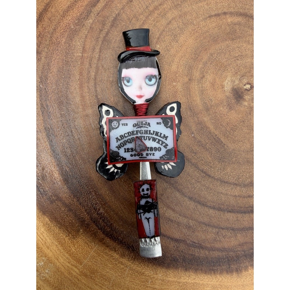 Air India Spoon Assemblage Brooch Ouija Doll Butterfly Gothic Art Pin 4.5"